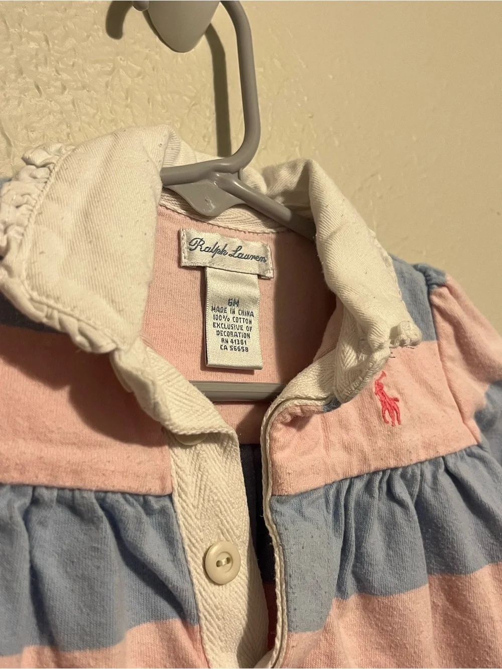 Vintage Ralph Lauren Girl Romper Long Sleeve Stripes Blue Pink 6M 100% Cotton